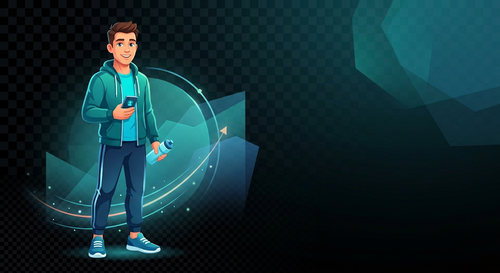 Cartoon-style illustration of a new fitness user beginning with supportive guidance