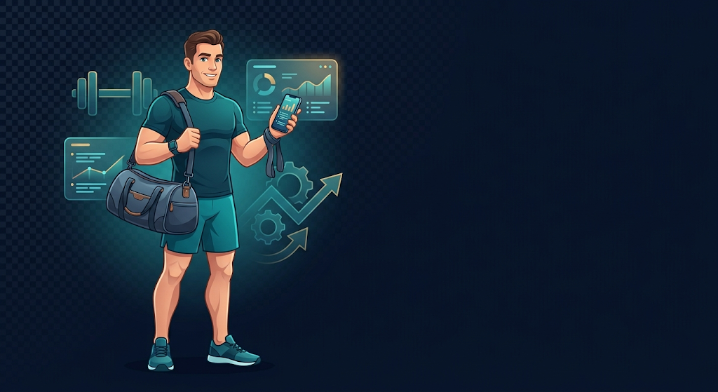Cartoon-style illustration of a gym-goer with a training plan and dumbbells